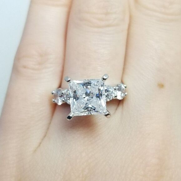 Vintage Sterling Silver Square CZ Ring, Sparkly Solitaire Faux Engagement Style - Picture 1 of 9